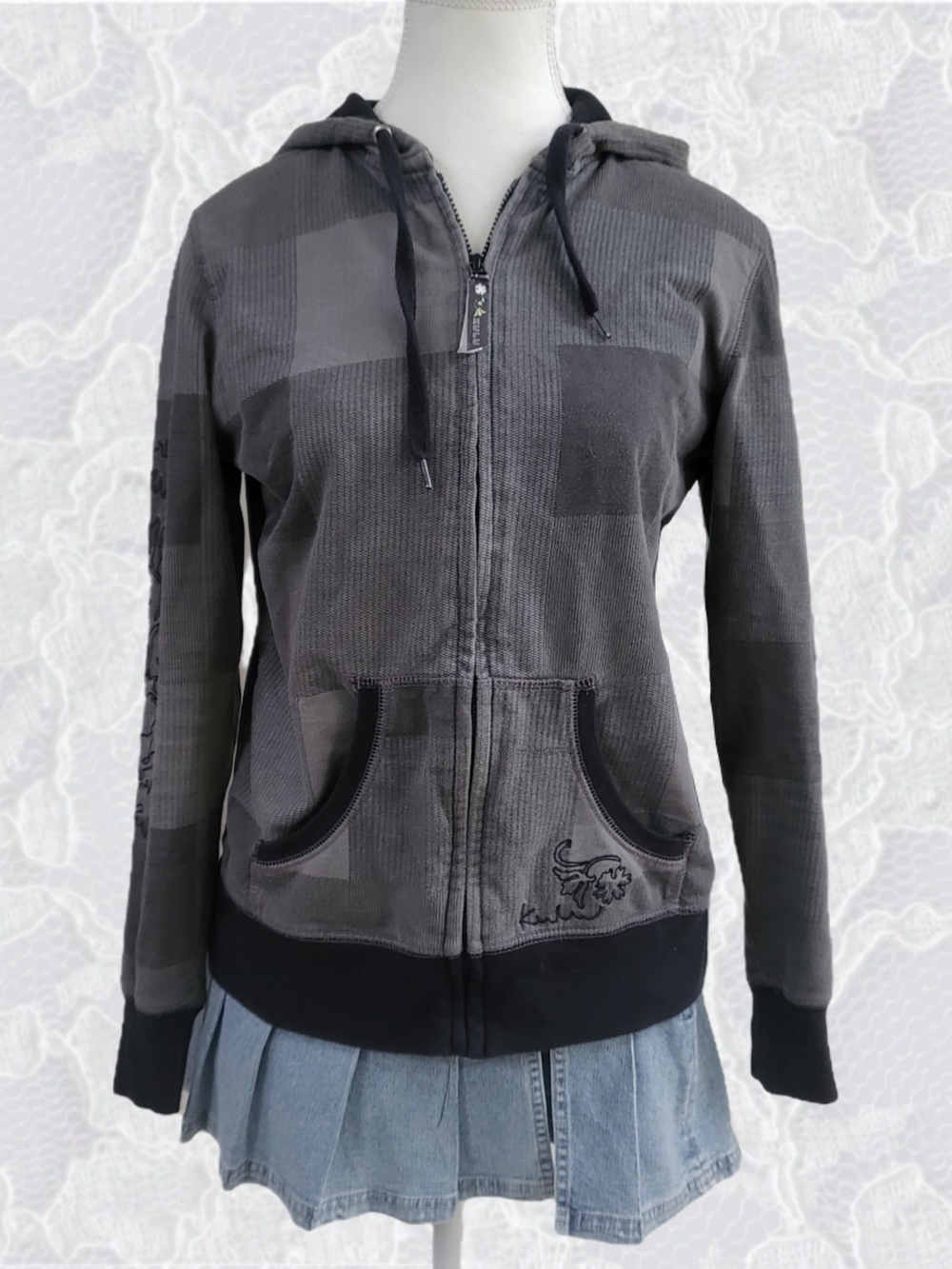 Women's Gray Zip-Up Hoodie Jacket With Embroidered Sleeves